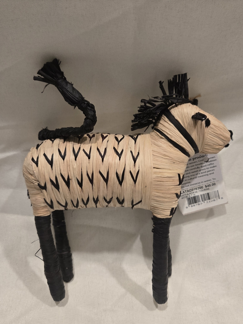 New KAZI Handmade Raffia Zebra Figurine - Black & Natural